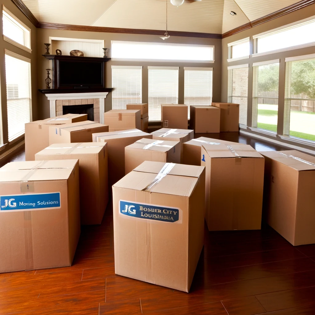 Moving boxes systematically labeled in a spacious living room in Bossier City, LA, prepared by JG Moving Solutions.